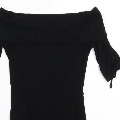 Topshop Womens Black  Viscose Bodysuit One-Piece Size 8  Snap - Drawstring sleeves Ribbed fabric