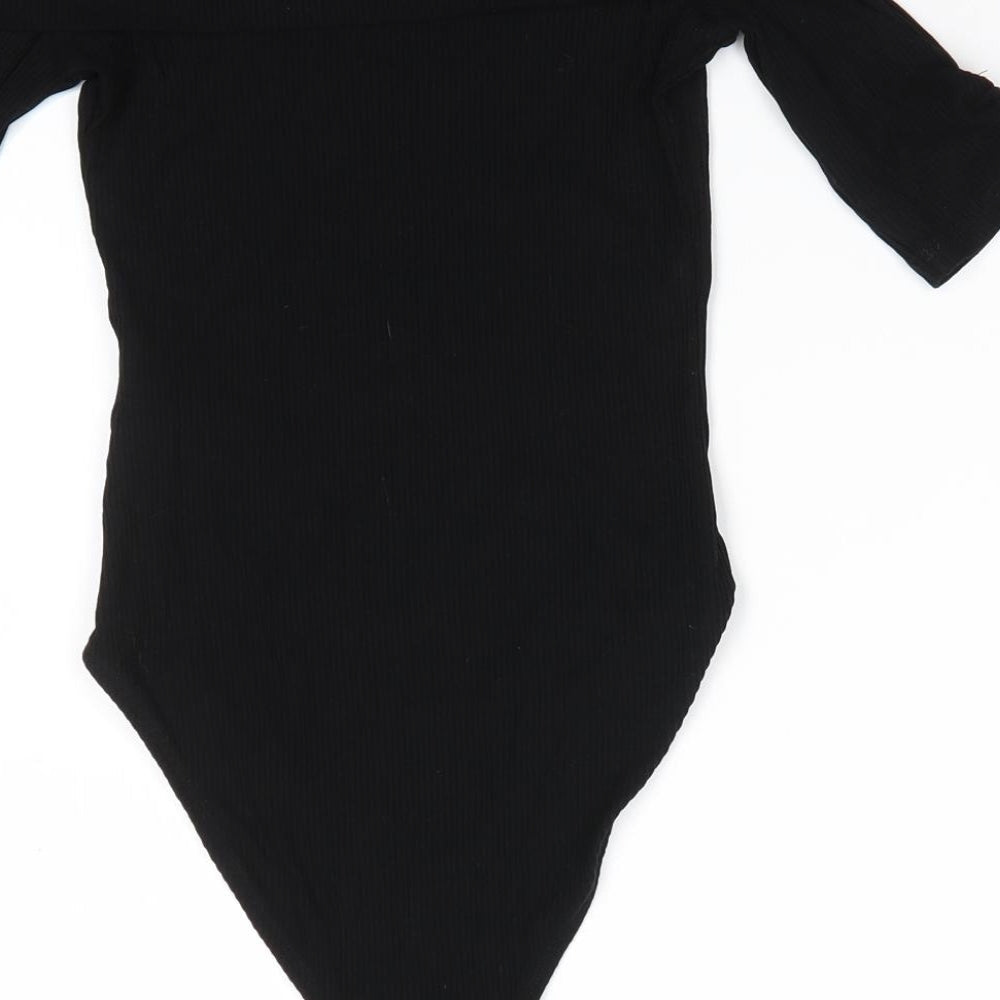 Topshop Womens Black  Viscose Bodysuit One-Piece Size 8  Snap - Drawstring sleeves Ribbed fabric