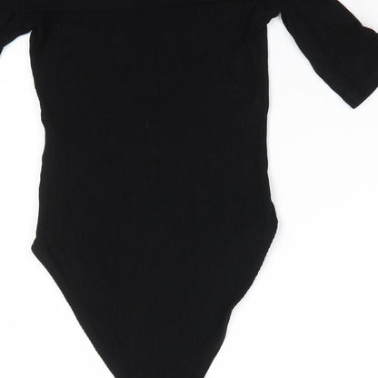 Topshop Womens Black  Viscose Bodysuit One-Piece Size 8  Snap - Drawstring sleeves Ribbed fabric