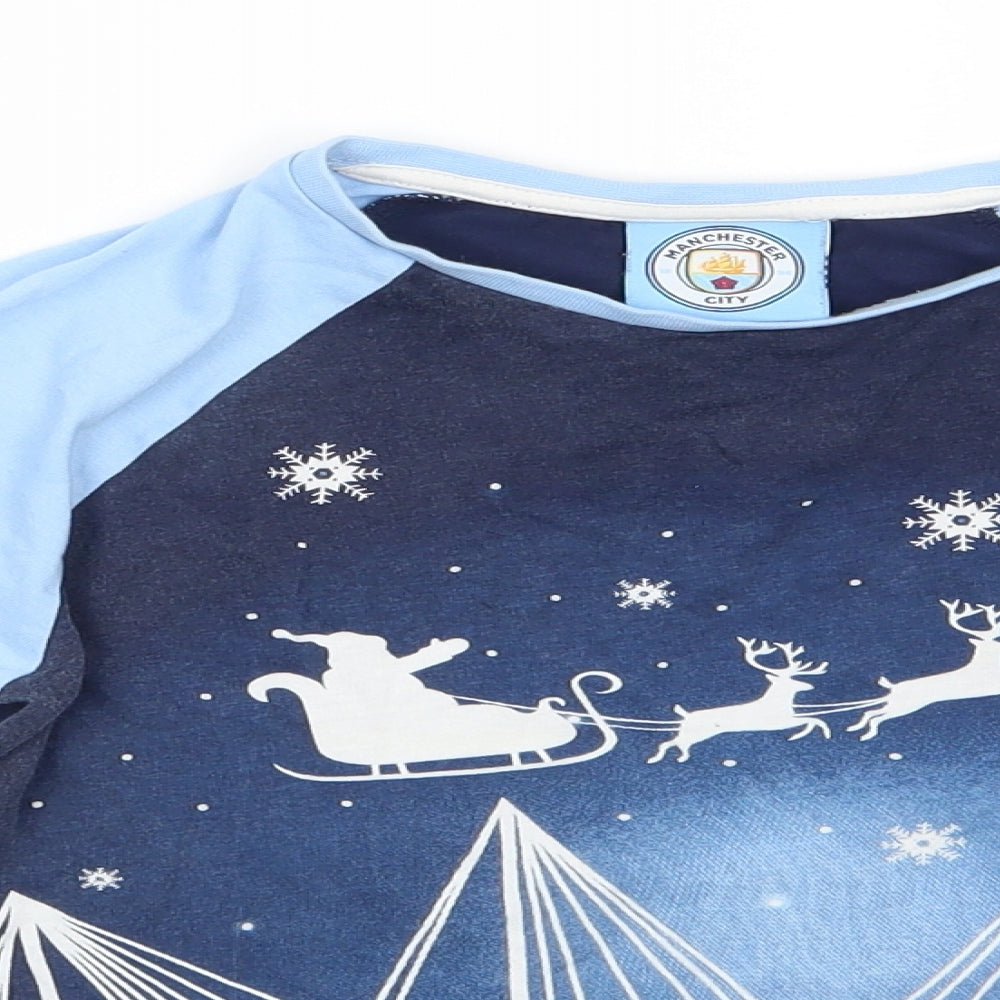 Manchester City Boys Blue Animal Print Cotton  Pyjama Top Size 8-9 Years  Pullover - Santa's Sleigh & Reindeer