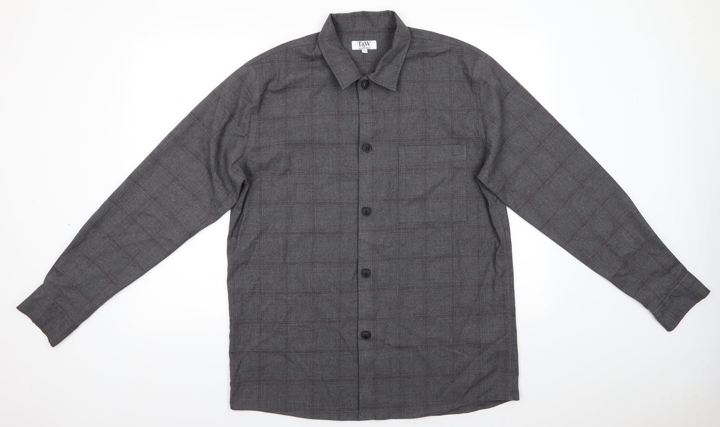 T&W by Taylor & Wright Mens Grey Check Polyester  Button-Up Size L Collared Button - Dark Grey with Fine Burgandy Line checks