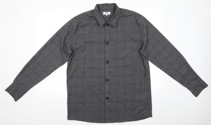 T&W by Taylor & Wright Mens Grey Check Polyester  Button-Up Size L Collared Button - Dark Grey with Fine Burgandy Line checks