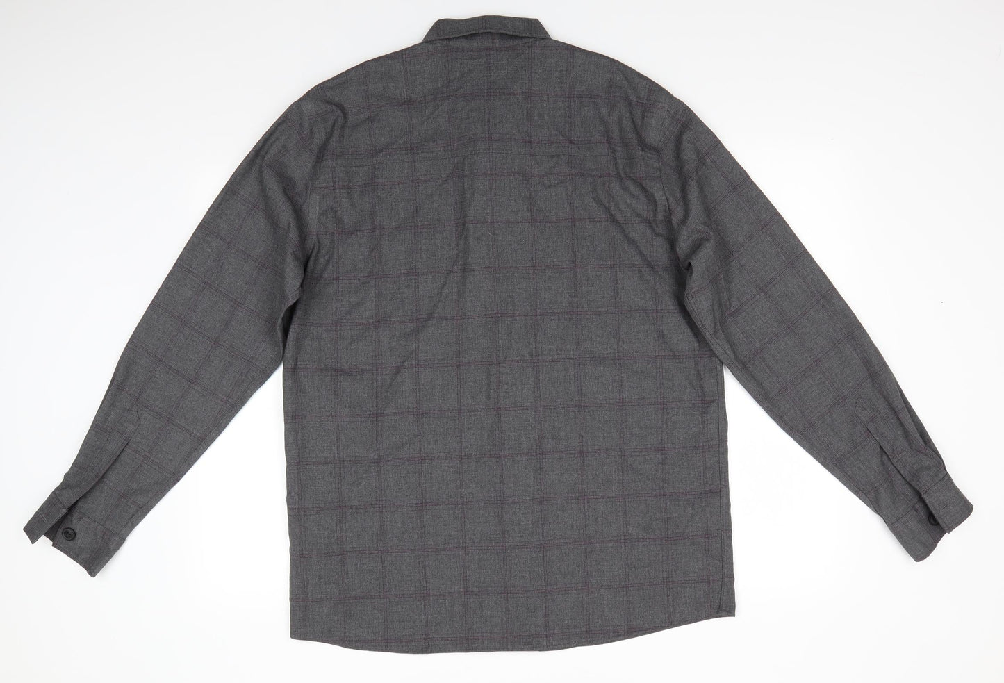 T&W by Taylor & Wright Mens Grey Check Polyester  Button-Up Size L Collared Button - Dark Grey with Fine Burgandy Line checks