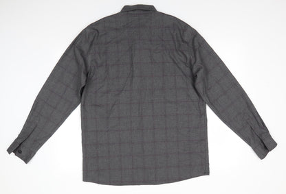 T&W by Taylor & Wright Mens Grey Check Polyester  Button-Up Size L Collared Button - Dark Grey with Fine Burgandy Line checks
