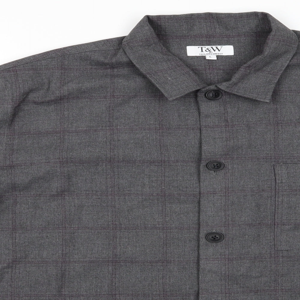 T&W by Taylor & Wright Mens Grey Check Polyester  Button-Up Size L Collared Button - Dark Grey with Fine Burgandy Line checks
