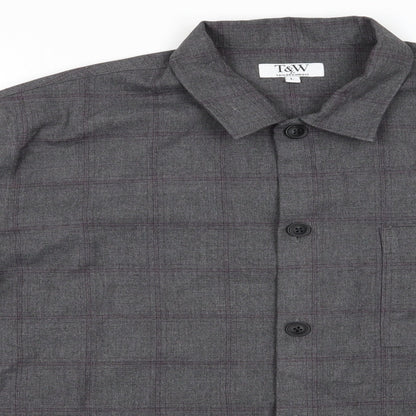 T&W by Taylor & Wright Mens Grey Check Polyester  Button-Up Size L Collared Button - Dark Grey with Fine Burgandy Line checks