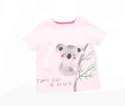 Fred & Flo Girls Pink Animal Print Cotton Basic T-Shirt Size 9-12 Months Round Neck Snap - Pale Pink Kuwala Time for a hug