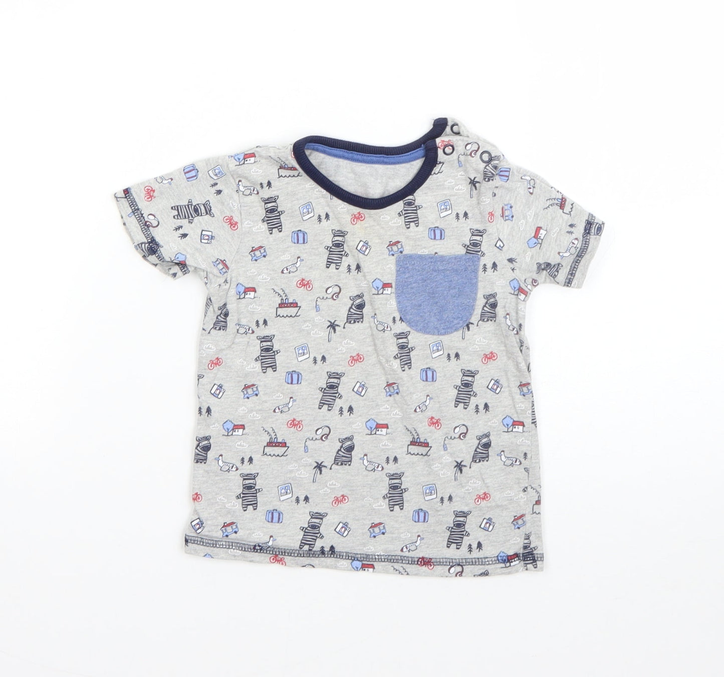 George Boys Grey  Cotton Basic T-Shirt Size 9-12 Months Round Neck  - zebra