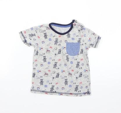 George Boys Grey  Cotton Basic T-Shirt Size 9-12 Months Round Neck  - zebra