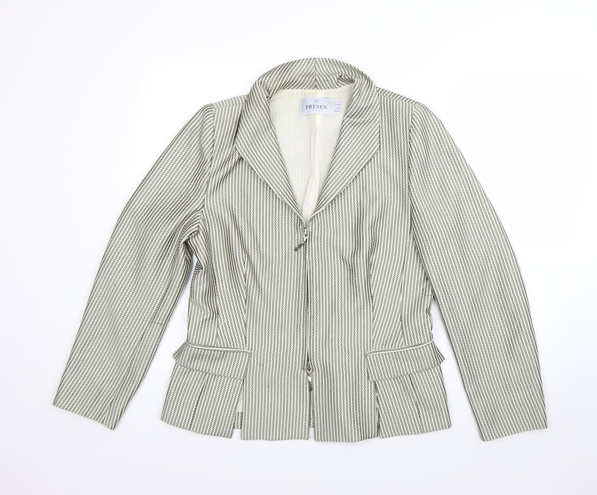 Additional front view of Presen women’s beige striped jacket blazer, size UK 12, zip