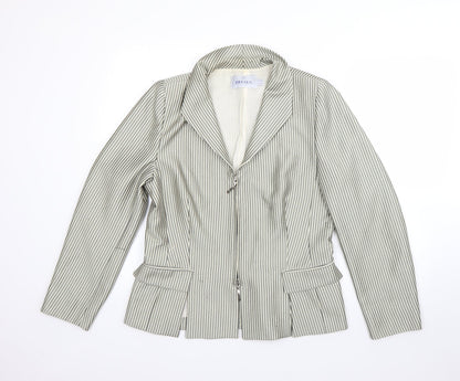 Additional front view of Presen women’s beige striped jacket blazer, size UK 12, zip