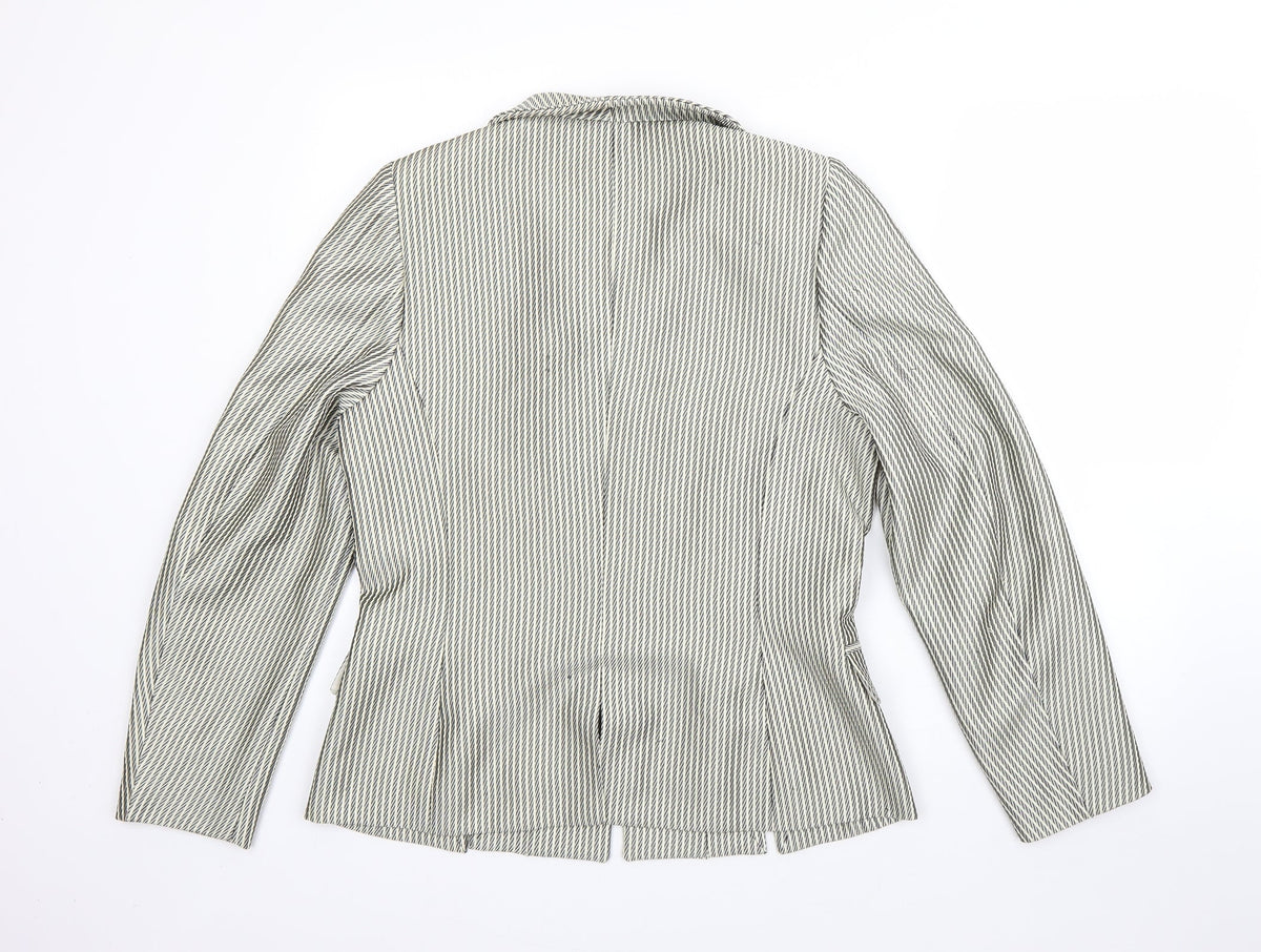 Back view of Presen women’s beige striped jacket blazer, size UK 12, zip