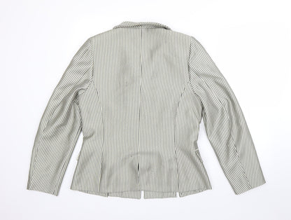 Back view of Presen women’s beige striped jacket blazer, size UK 12, zip