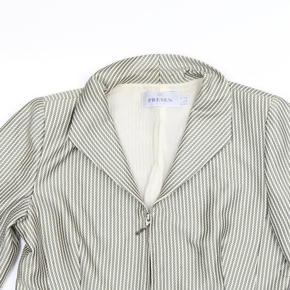 Close-up detail of Presen women’s beige striped jacket blazer, size UK 12, zip