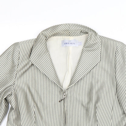 Close-up detail of Presen women’s beige striped jacket blazer, size UK 12, zip