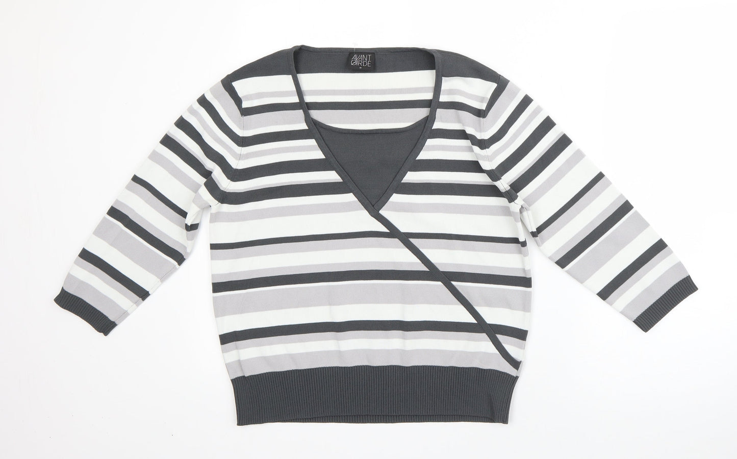 Avant Garde Womens Grey V-Neck Striped Viscose Pullover Jumper Size M