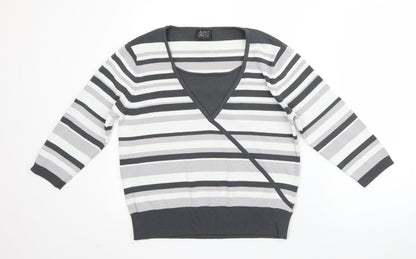 Avant Garde Womens Grey V-Neck Striped Viscose Pullover Jumper Size M