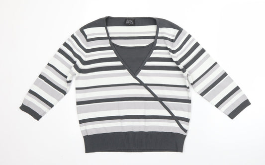 Avant Garde Womens Grey V-Neck Striped Viscose Pullover Jumper Size M