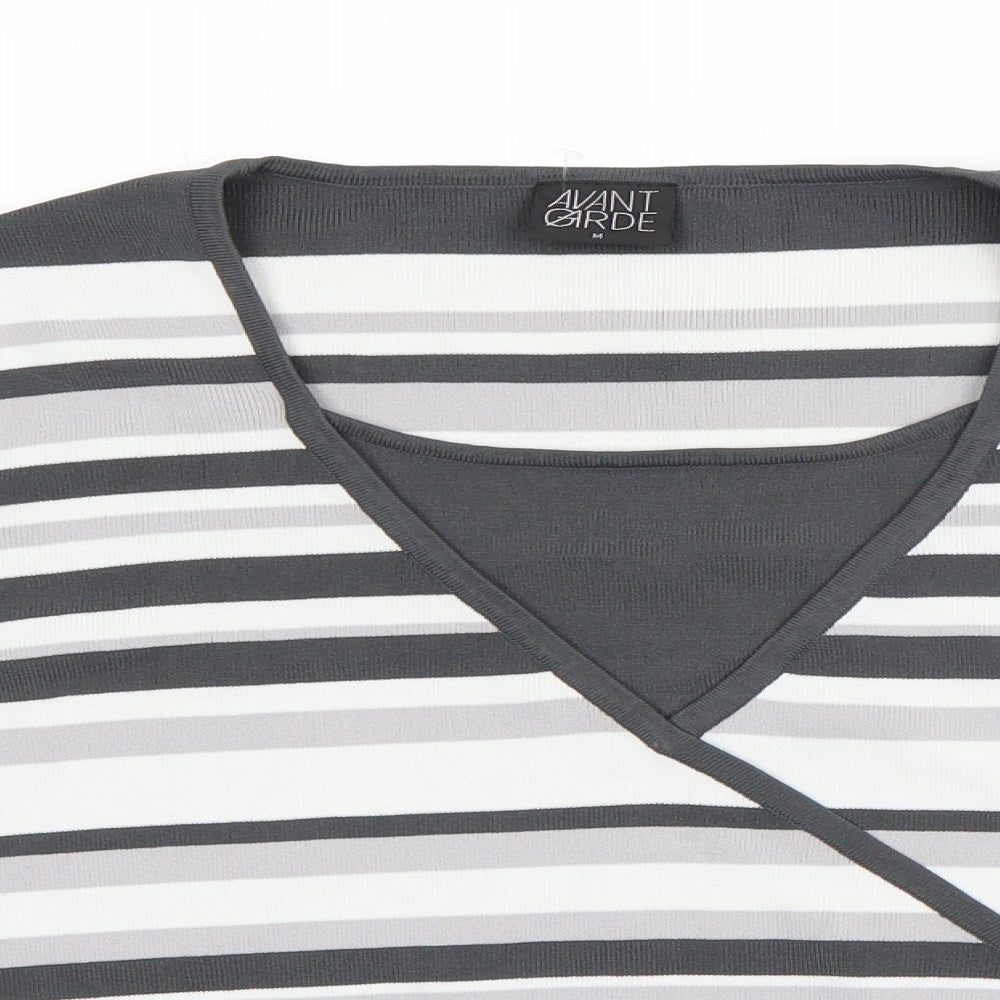 Avant Garde Womens Grey V-Neck Striped Viscose Pullover Jumper Size M