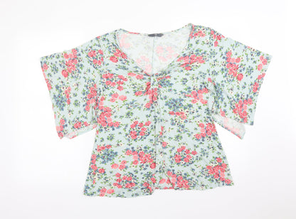 BHS Womens Multicoloured Floral Viscose Basic T-Shirt Size 16 V-Neck