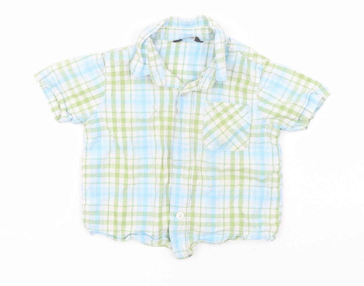 Front view of George Baby Blue Plaid Cotton Basic Button-Up, size 12-18, Months Collared