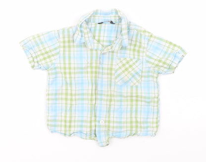 Front view of George Baby Blue Plaid Cotton Basic Button-Up, size 12-18, Months Collared