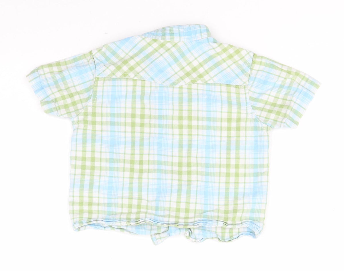 Back view of George Baby Blue Plaid Cotton Basic Button-Up, size 12-18, Months Collared
