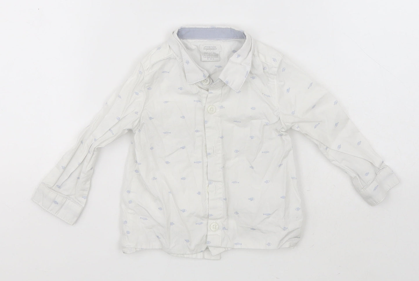 mamas & papas Girls White  Cotton Basic Button-Up Size 9-12 Months Collared  - Fish