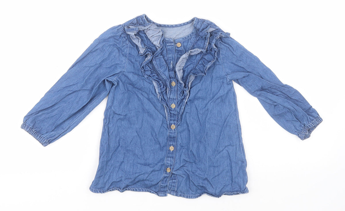 Front view of Matalan girls’ blue cotton basic button-up, size 3-4, years crew neck