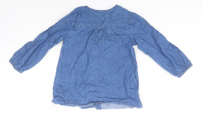 Back view of Matalan girls’ blue cotton basic button-up, size 3-4, years crew neck