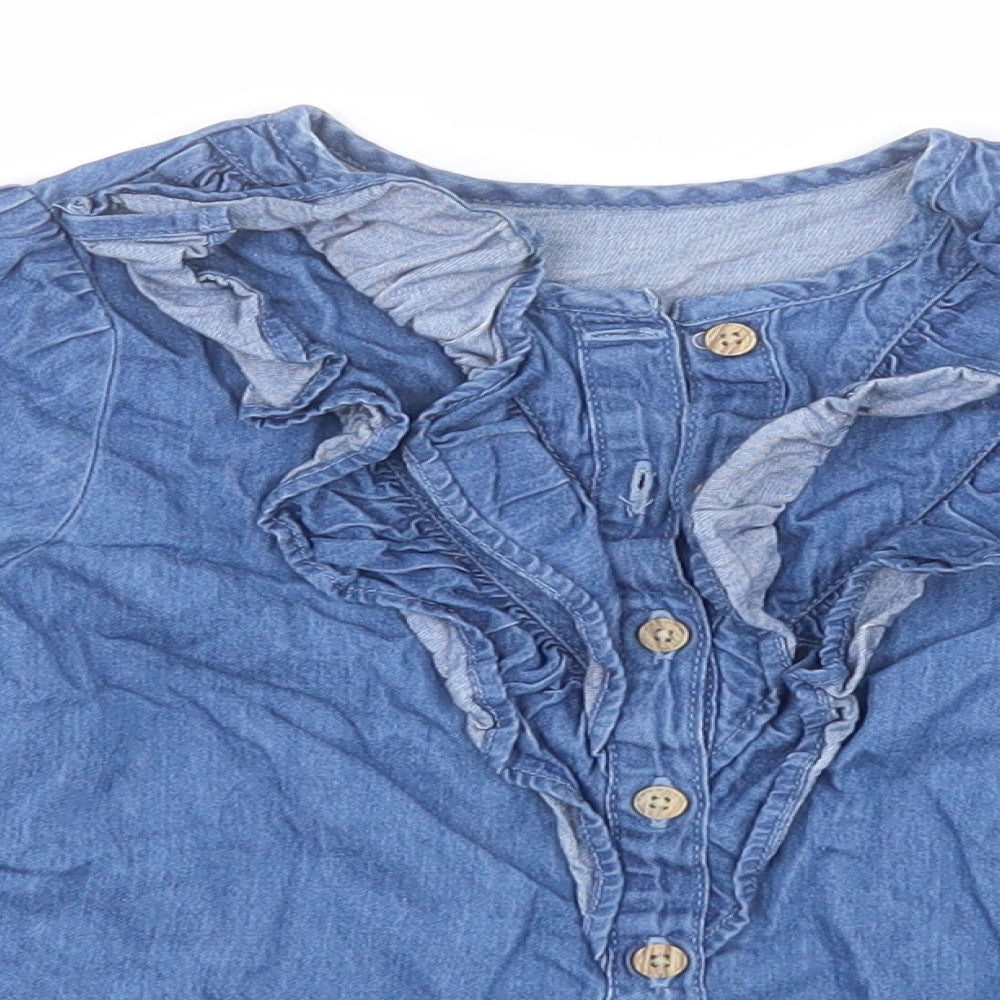 Close-up detail of Matalan girls’ blue cotton basic button-up, size 3-4, years crew neck