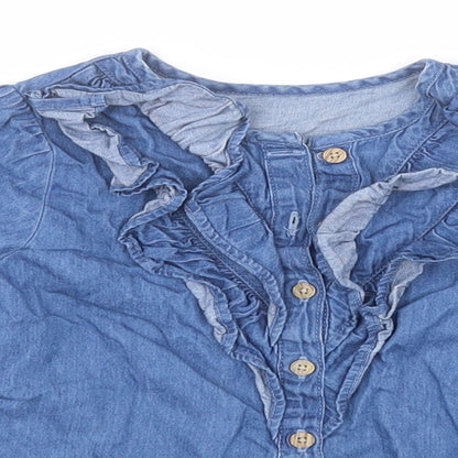 Close-up detail of Matalan girls’ blue cotton basic button-up, size 3-4, years crew neck