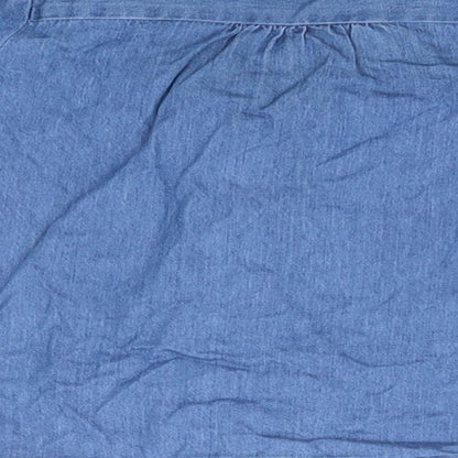 Brand and care label for Matalan girls’ blue cotton basic button-up, size 3-4, years crew neck