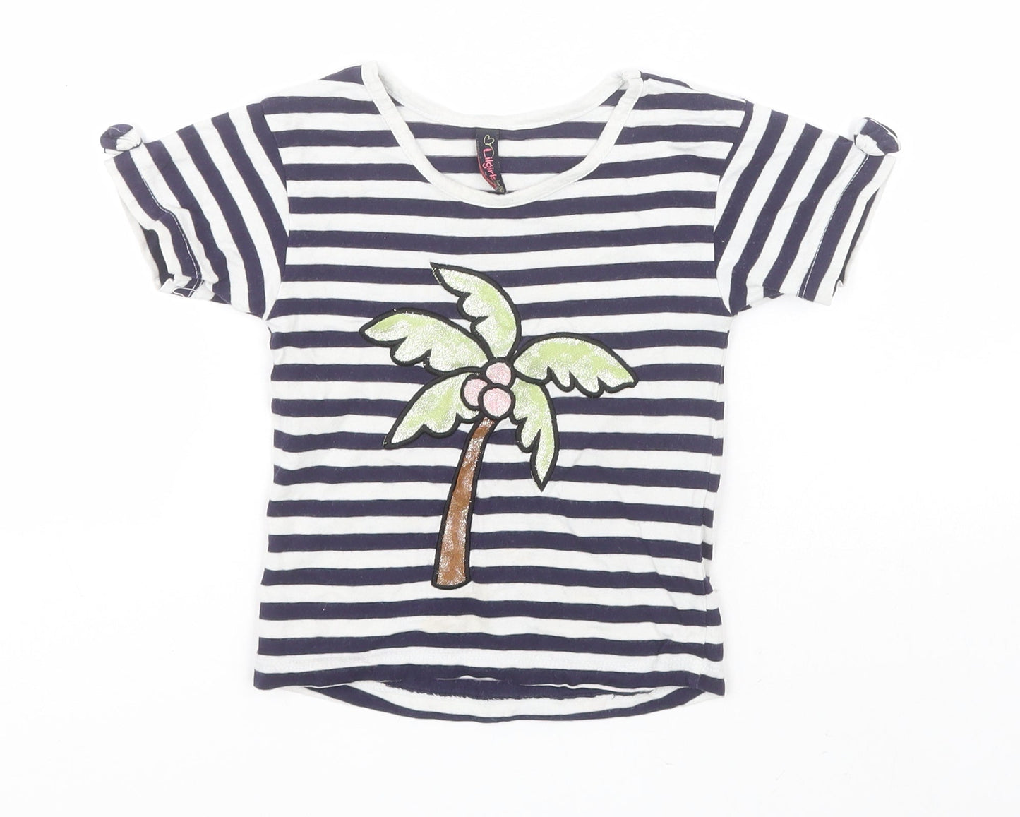 PEPPERLAND Girls Blue Striped  Basic T-Shirt Size 2-3 Years Round Neck  - Palm Tree