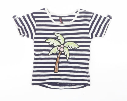 PEPPERLAND Girls Blue Striped  Basic T-Shirt Size 2-3 Years Round Neck  - Palm Tree