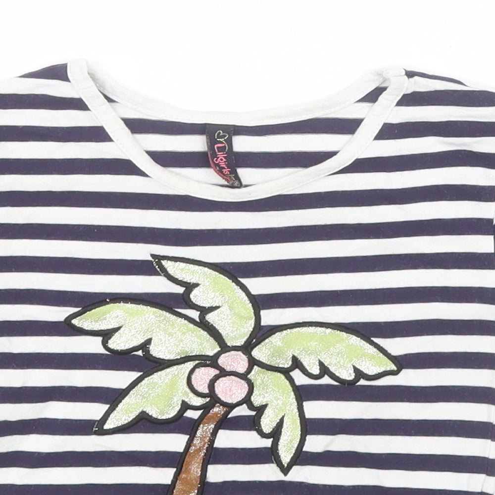 PEPPERLAND Girls Blue Striped  Basic T-Shirt Size 2-3 Years Round Neck  - Palm Tree