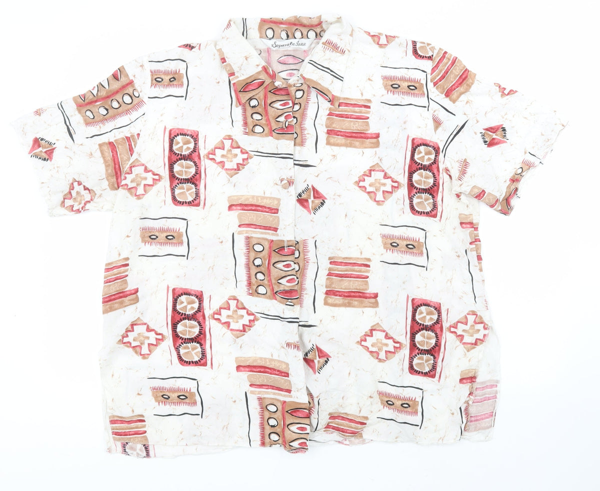 Front view of Separate Isse women’s white geometric viscose basic button-up, size UK 20, collared