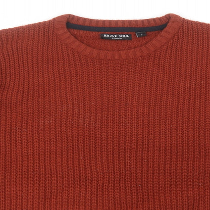 Brave Soul Mens Red Round Neck  Acrylic Pullover Jumper Size L