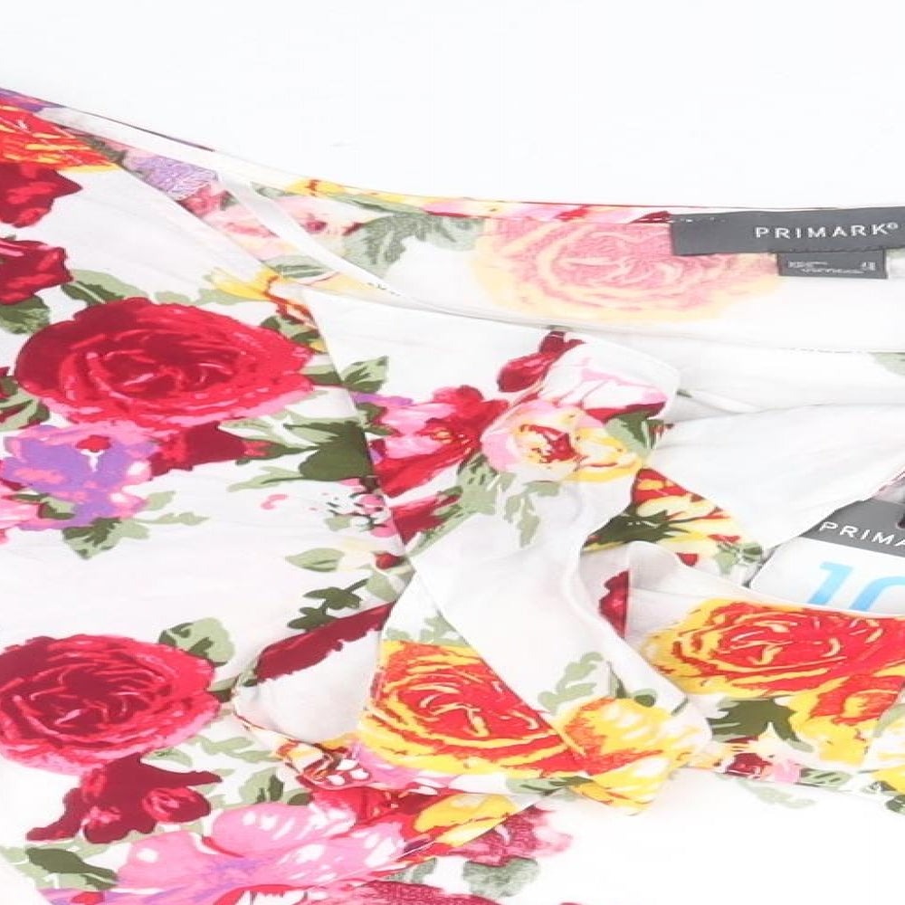 Primark Womens White Floral Viscose Basic Blouse Size 10 Roll Neck