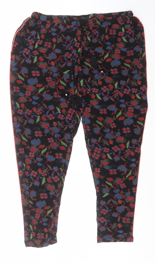F&F Womens Black Floral Viscose Sweatpants Trousers Size 14 L26 in Regular