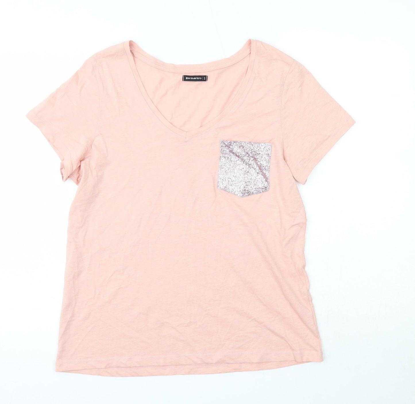 encuentro Womens Pink  Polyester Basic T-Shirt Size S V-Neck