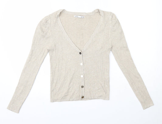 Lefties Womens Beige V-Neck  Polyester Cardigan Jumper Size M