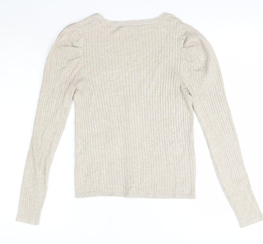 Lefties Womens Beige V-Neck  Polyester Cardigan Jumper Size M