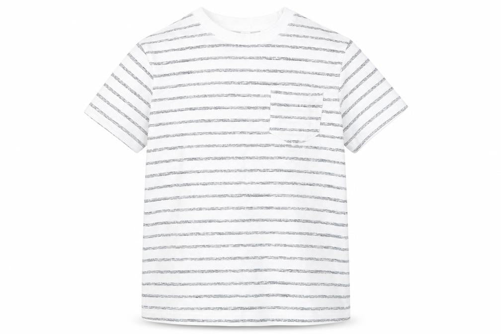 Front view of Next boys’ white striped 100% cotton basic t-shirt, size 4, years round neck