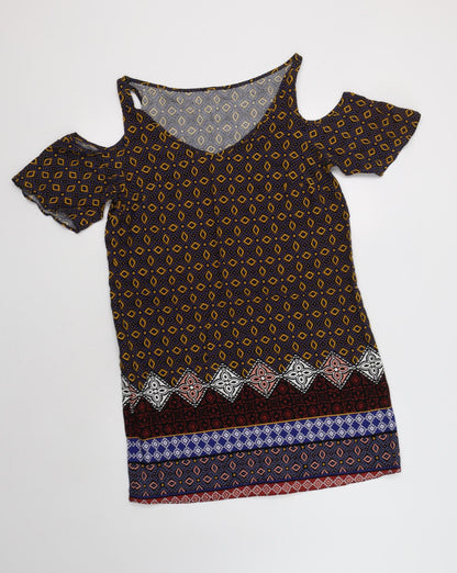 Matalan Womens Multicoloured Geometric Viscose Shift  Size 10  V-Neck  - Cold Shoulder