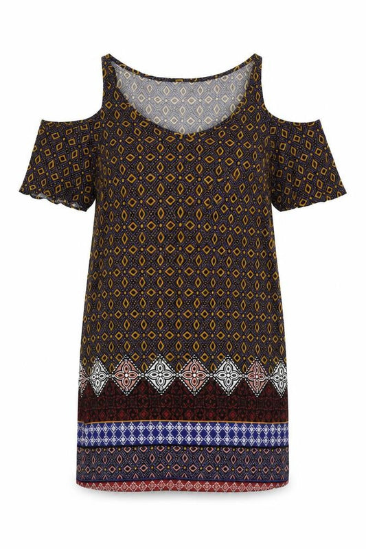 Front view of Matalan women’s multicoloured geometric viscose shift, size UK 10, v-neck - cold shoulder