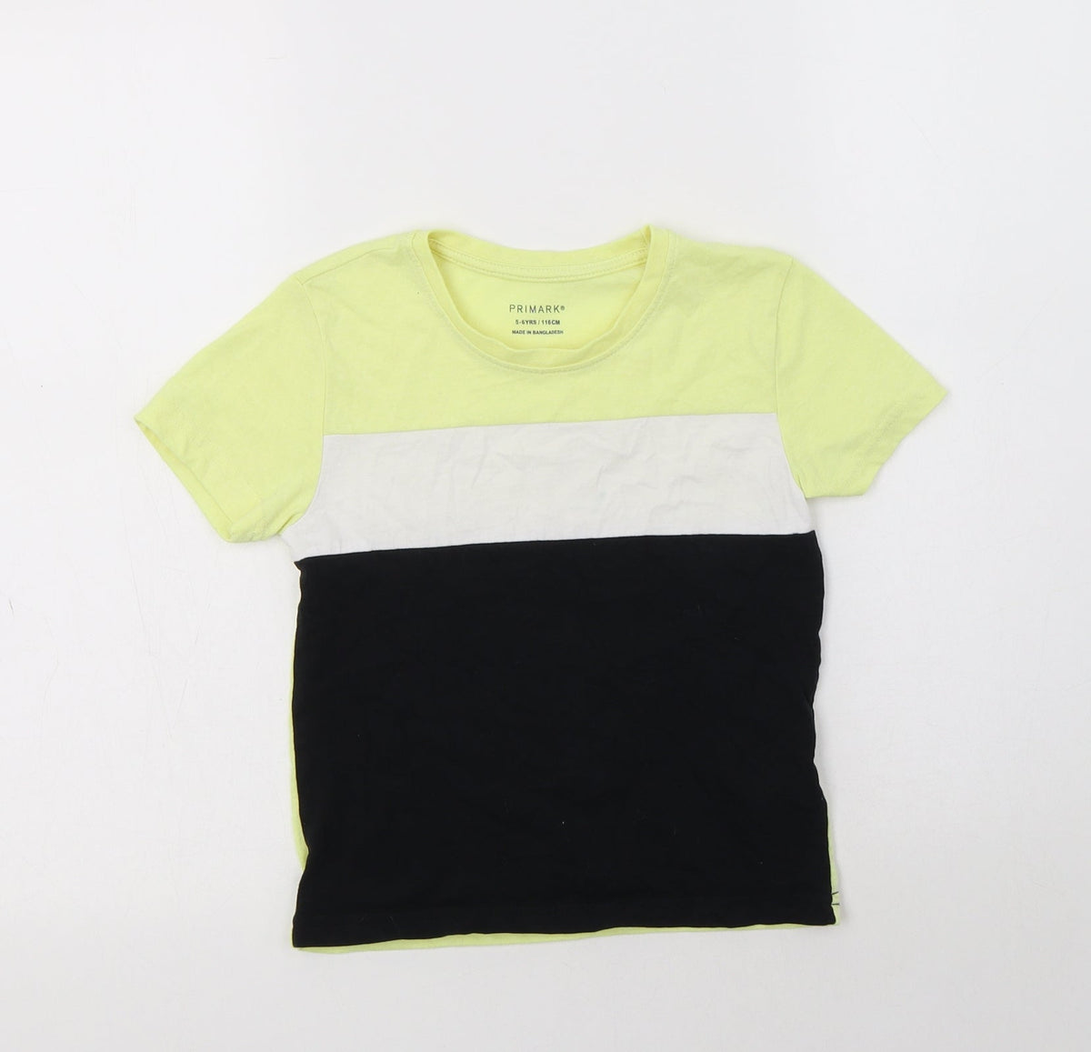 Additional front view of Primark boys’ yellow colourblock polyester basic t-shirt, size 5-6, years crew neck