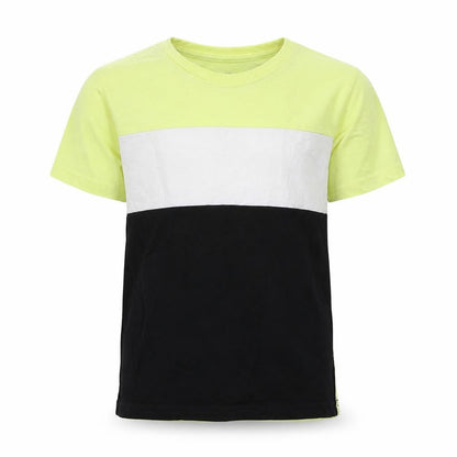 Front view of Primark boys’ yellow colourblock polyester basic t-shirt, size 5-6, years crew neck