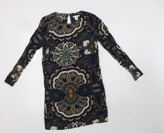 H&M Womens Multicoloured Floral Viscose Shift  Size 6  Round Neck Button