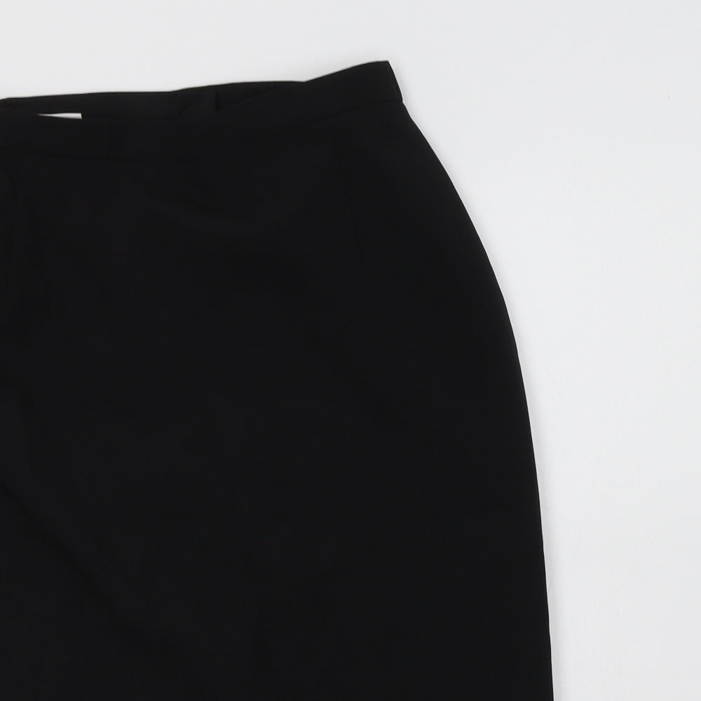 Close-up detail of CONTEXT women’s black polyester straight & pencil skirt, size UK 12, button